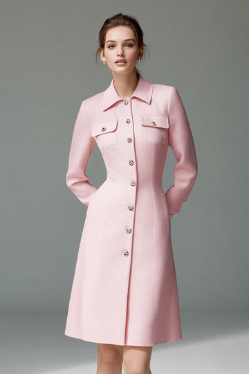 Pink A Line Lapel Neck Long Sleeve Midi Work Dress